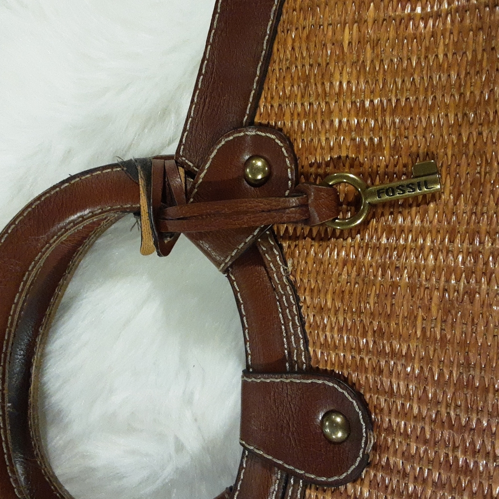 Fossil Vintage Brown Woven Straw Triple Compartment Satchel Purse Bag - Picture 3 of 7